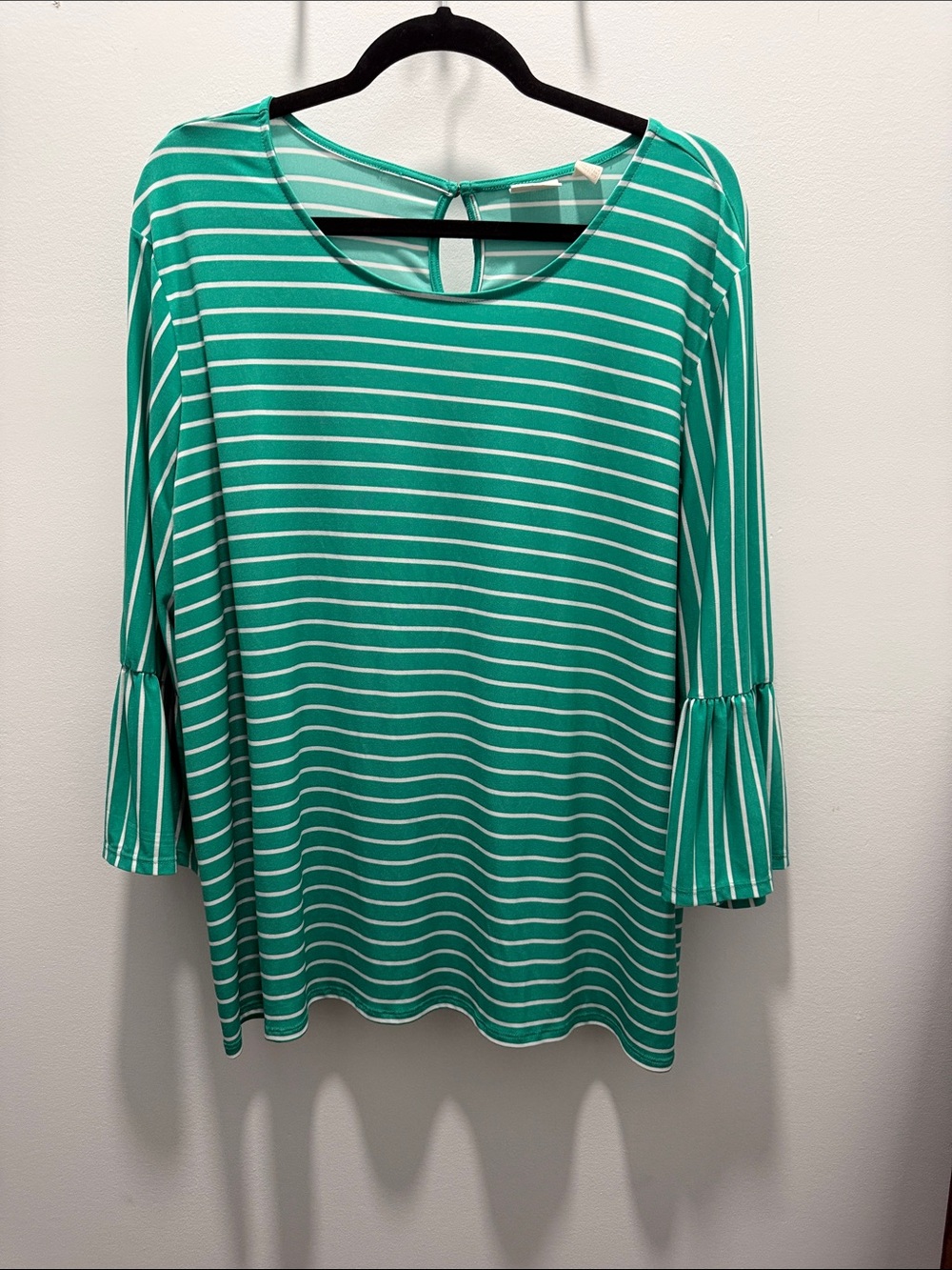 Chico's Green and White Striped Bell-Sleeve Top